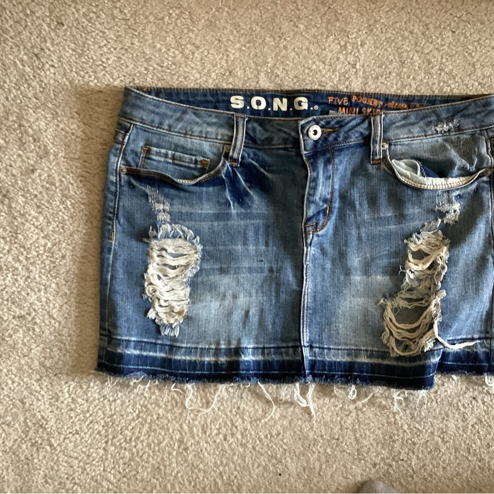 Distressed Denim Mini Skirt - Blue